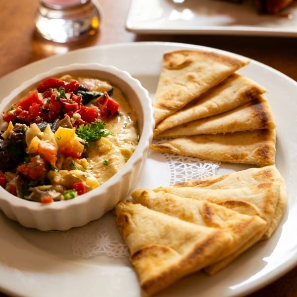 Hummus topped with diced tomatoes and vegetables, served with pita bread on a white plate.