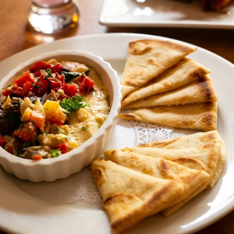 Hummus topped with diced tomatoes and vegetables, served with pita bread on a white plate.