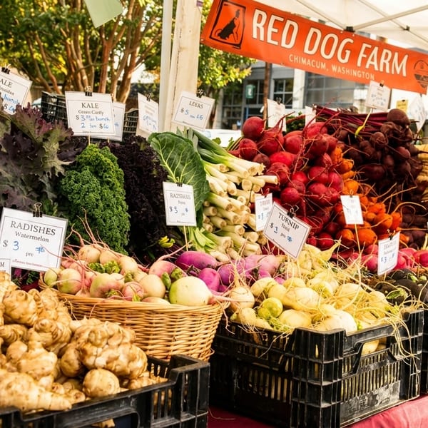 A vibrant farmers market stall from Red Dog Farm, overflowing with fresh root vegetables and leafy greens.