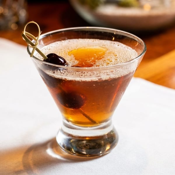 A Manhattan cocktail in a martini glass, garnished with a cherry on a pick, on a white tablecloth.