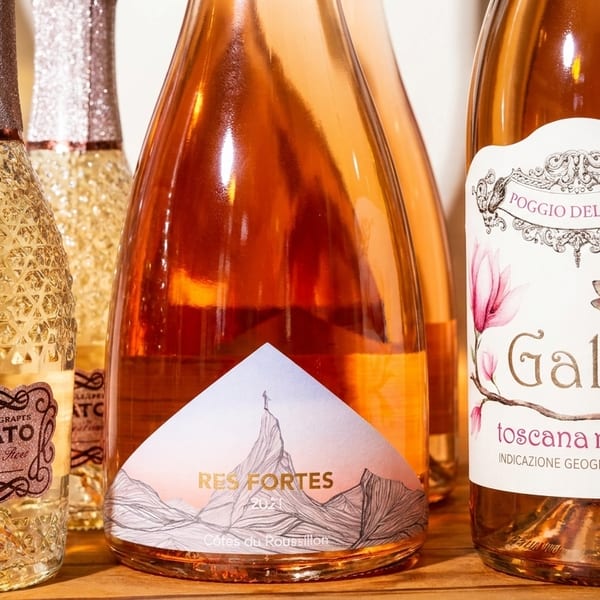 Several bottles of sparkling rosé wine, some with textured glass and decorative labels, on a wooden surface.