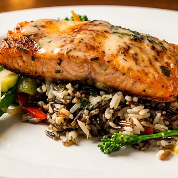 Grilled salmon with creamy sauce, wild rice, broccoli, and a lemon wedge on a white plate.