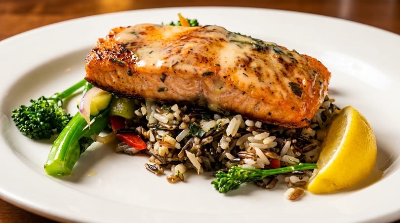 Grilled salmon with creamy sauce, wild rice, broccoli, and a lemon wedge on a white plate.