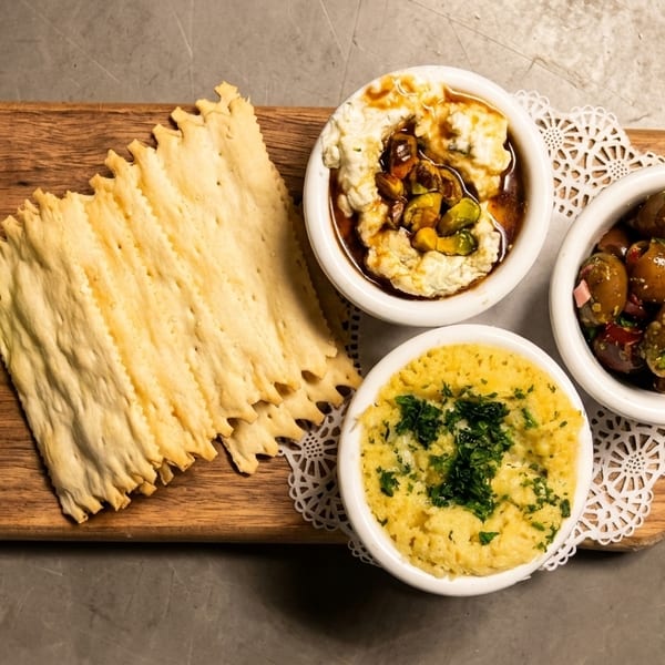 A wooden board with crackers, apple slices, and three small bowls of dips and olives.