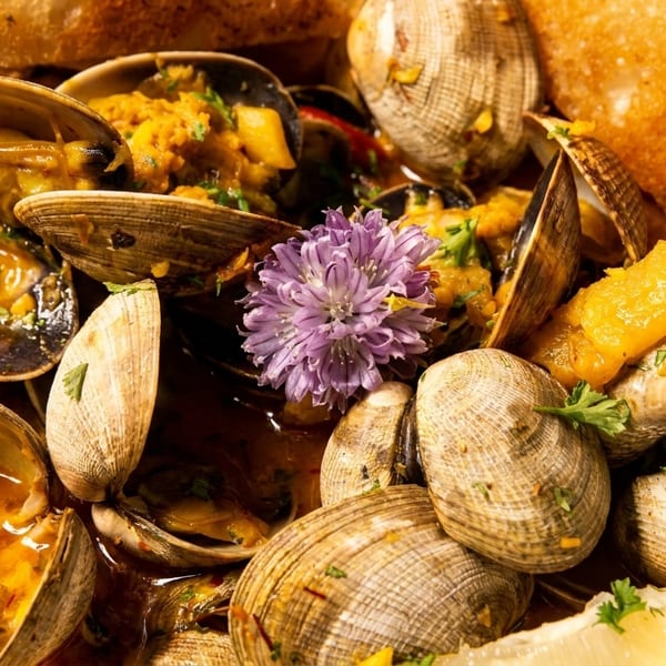 Steamed clams in a rich broth with herbs, lemon, and toasted bread, garnished with a purple flower.