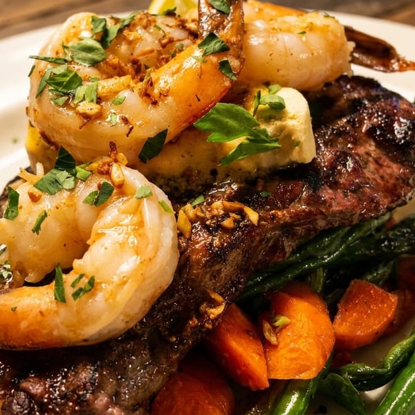 Grilled steak and shrimp with green beans and carrots on a white plate.