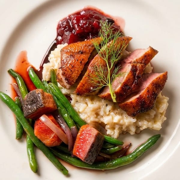 Seared duck breast with risotto, green beans, roasted vegetables, and cranberry sauce on a white plate.