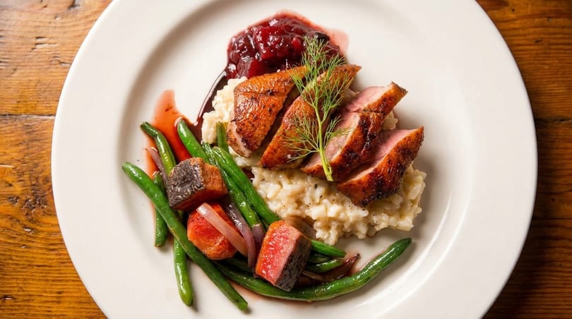 Seared duck breast with risotto, green beans, roasted vegetables, and cranberry sauce on a white plate.