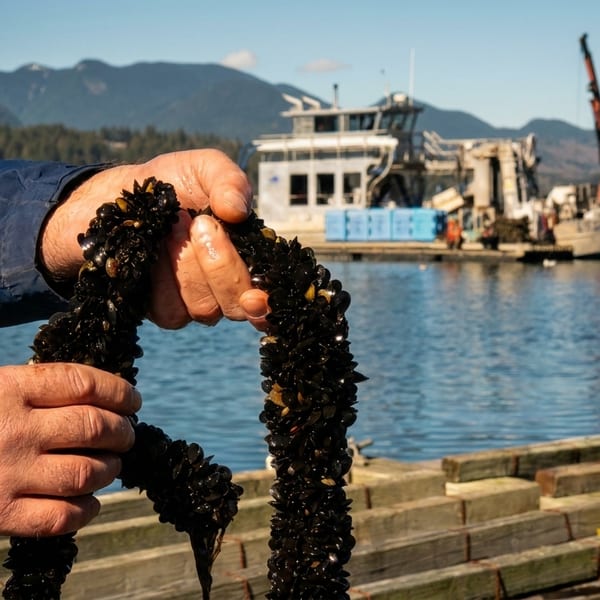 Hands holding a rope covered in fresh mussels, with a boat and mountains in the background.