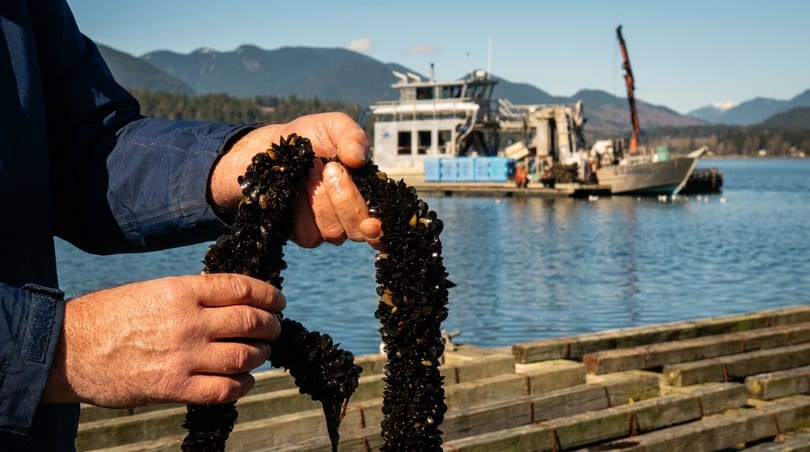 Hands holding a rope covered in fresh mussels, with a boat and mountains in the background.