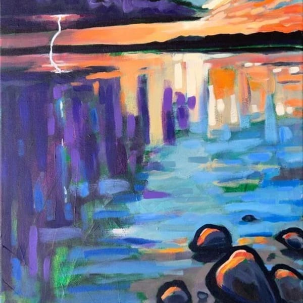 Abstract painting of a stormy sunset over water with lightning, reflecting vibrant colors and rocks.