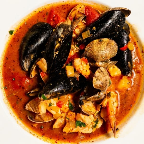 A white bowl filled with seafood cioppino, featuring mussels, clams, shrimp, and fish in a rich tomato broth.