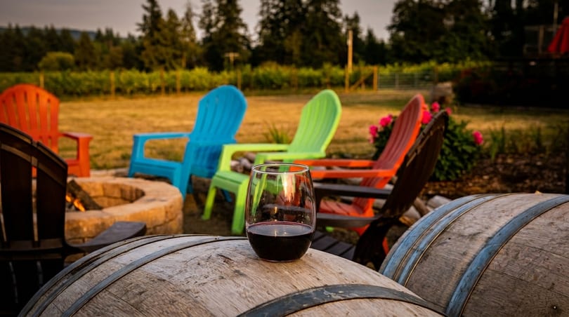 A glass of red wine on a barrel, with colorful Adirondack chairs and a fire pit in a vineyard.